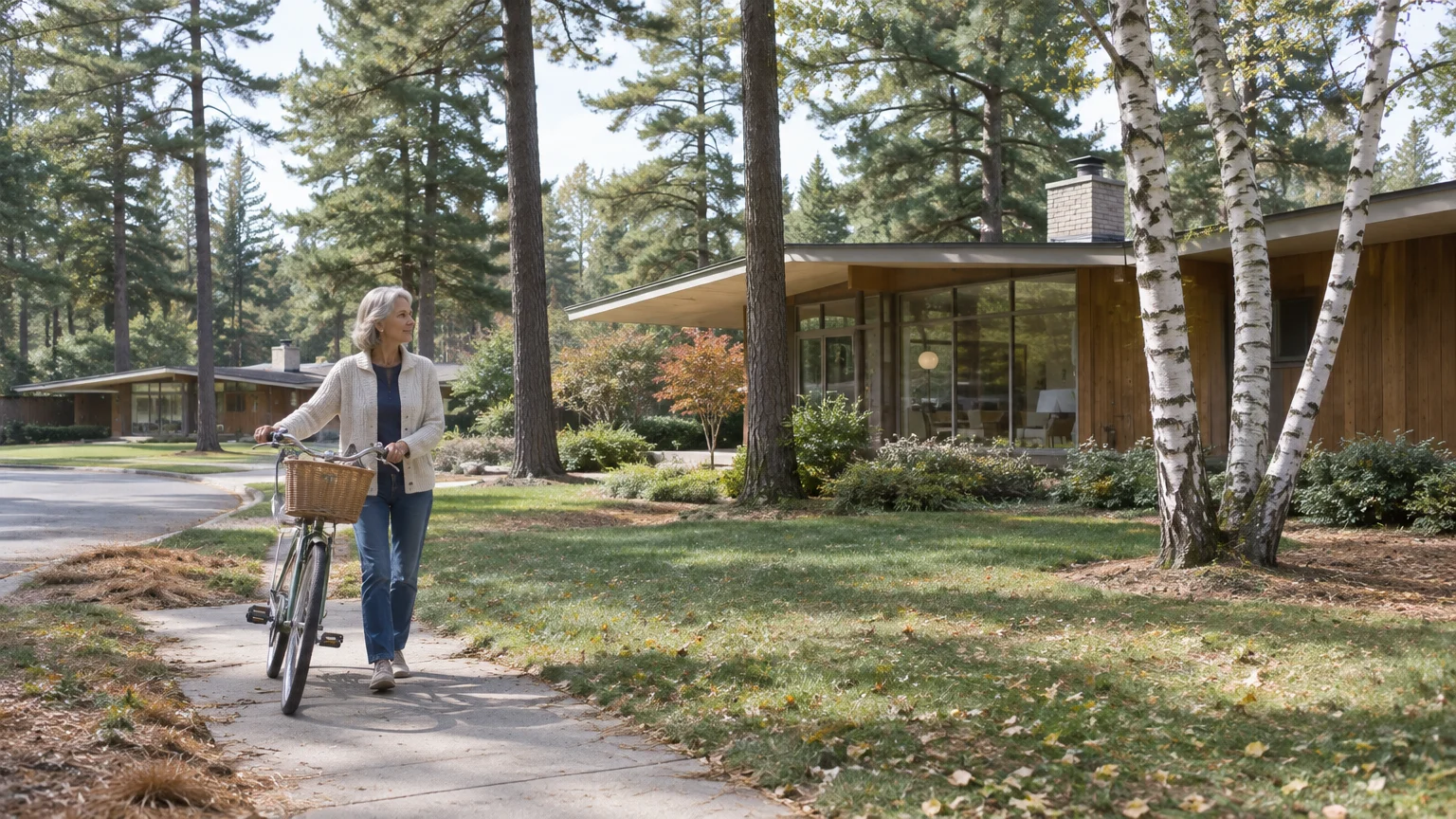 Older woman walking a bicycle along a suburban sidewalk in front of modern mid-century homes surrounded by trees.