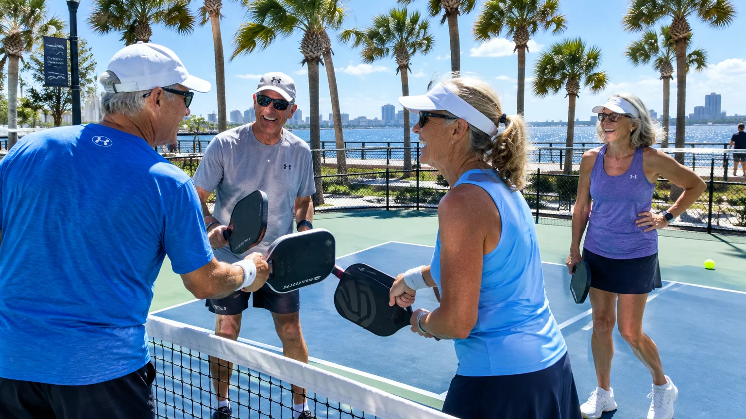 Four senior adults smile and tap paddles over a net while playing pickleball on an outdoor coastal court.