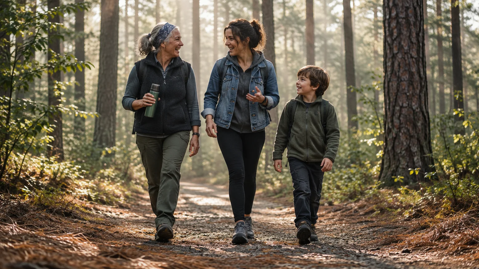 Three generations of family smiling and walking together along a sunlit dirt trail through a pine forest.