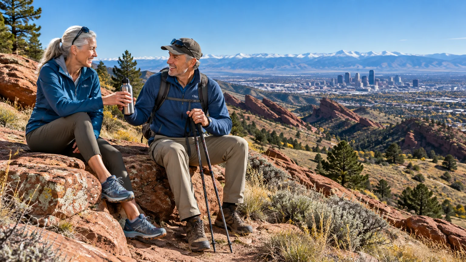 Senior man and woman resting on a rocky hillside overlooking a distant city skyline and snow-capped mountains.