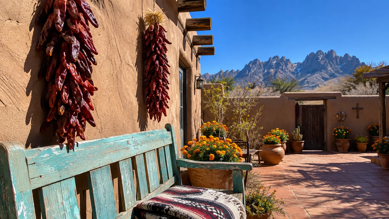 Adobe patio with hanging red chile ristras, a turquoise bench, potted flowers, and rugged mountain peaks.