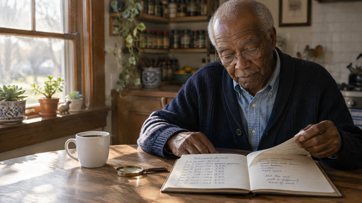 An older man wearing glasses reads a handwritten retirement journal at a sunlit wooden kitchen table with a mug of coffee.