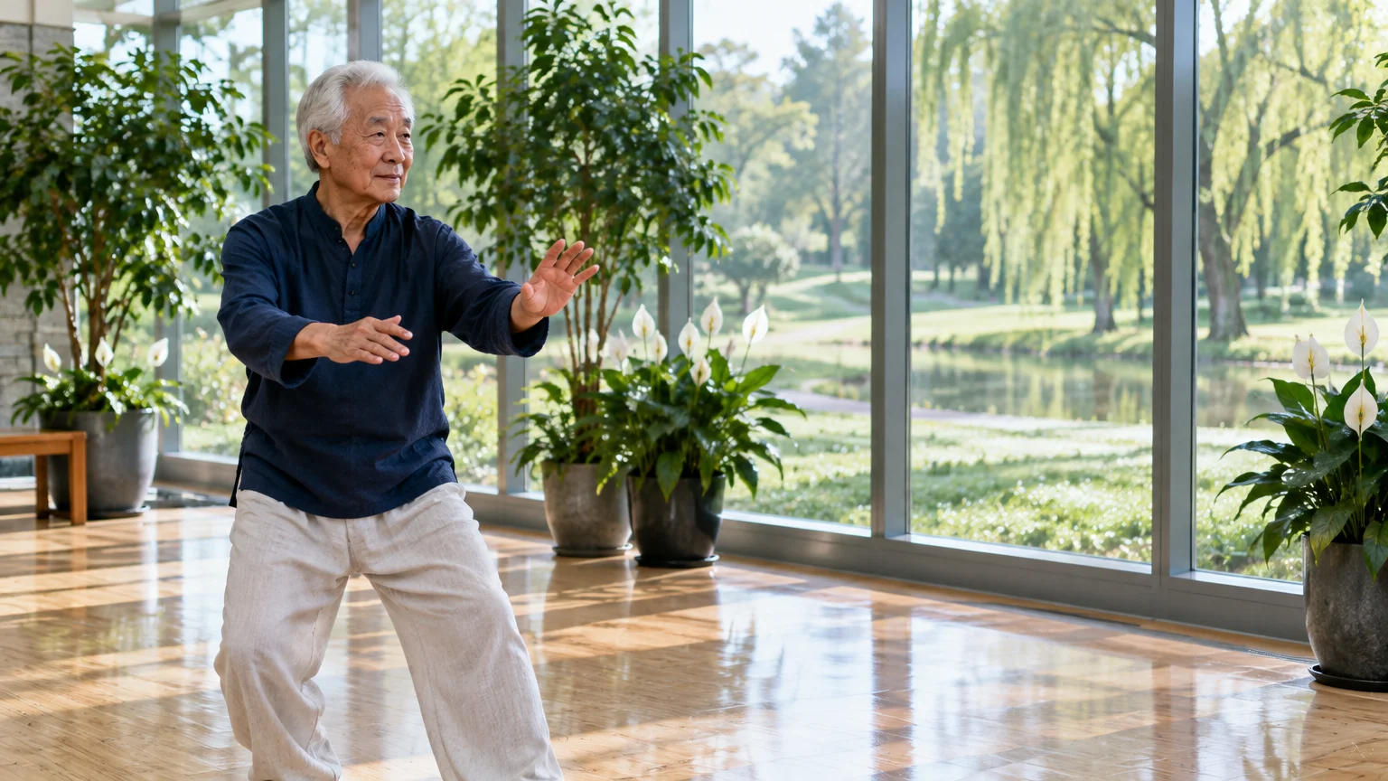 Senior man practicing tai chi in a bright studio with large windows overlooking a park with weeping willows.