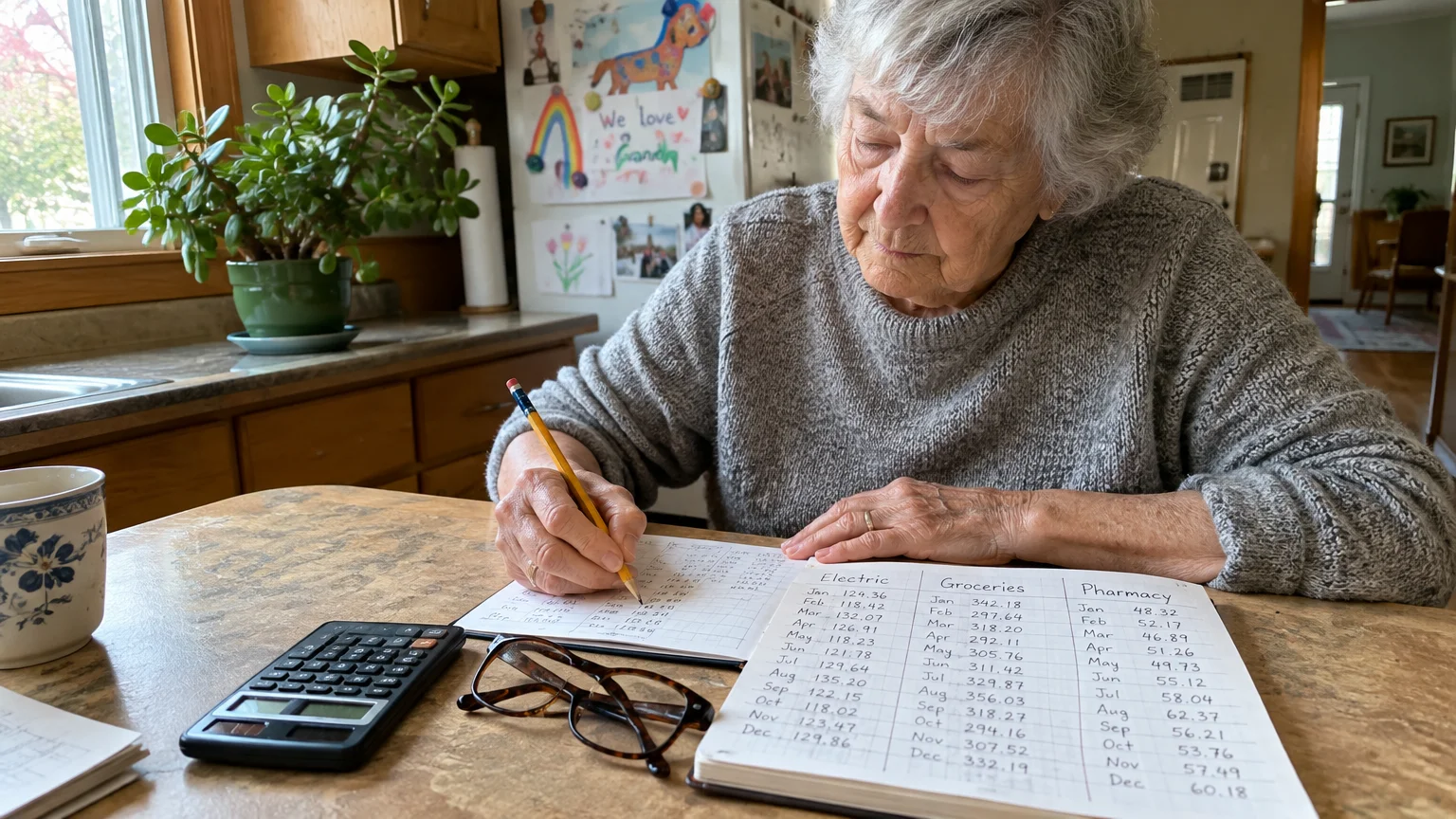 An older woman sits at a kitchen table writing in a budget notebook next to a calculator and eyeglasses.