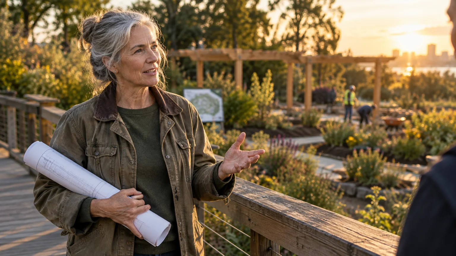 A senior woman holding rolled blueprints talks outdoors on a wooden walkway in a garden setting at sunset.