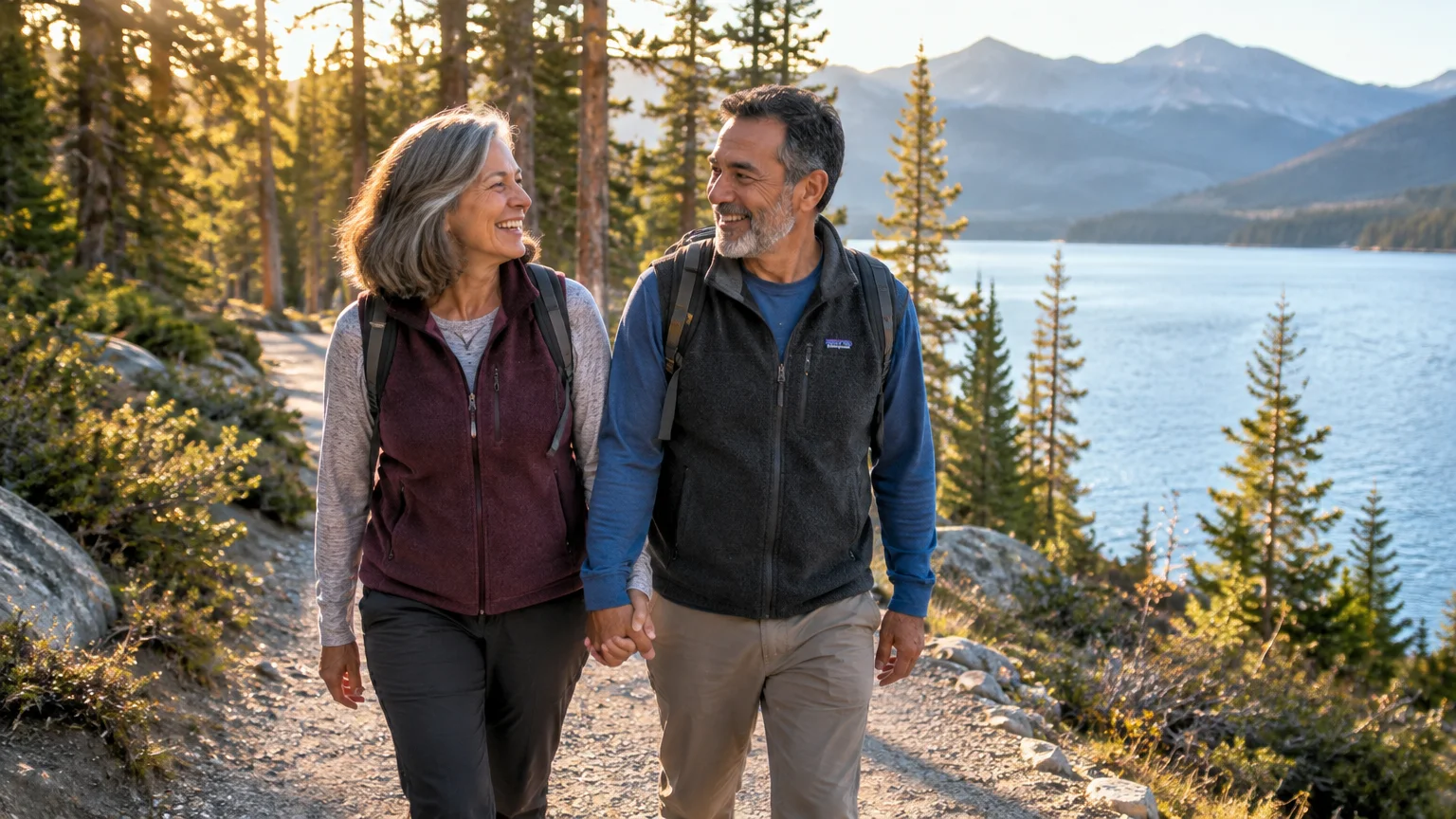 Mature couple smiling and holding hands while hiking along a mountain trail next to a scenic lake.
