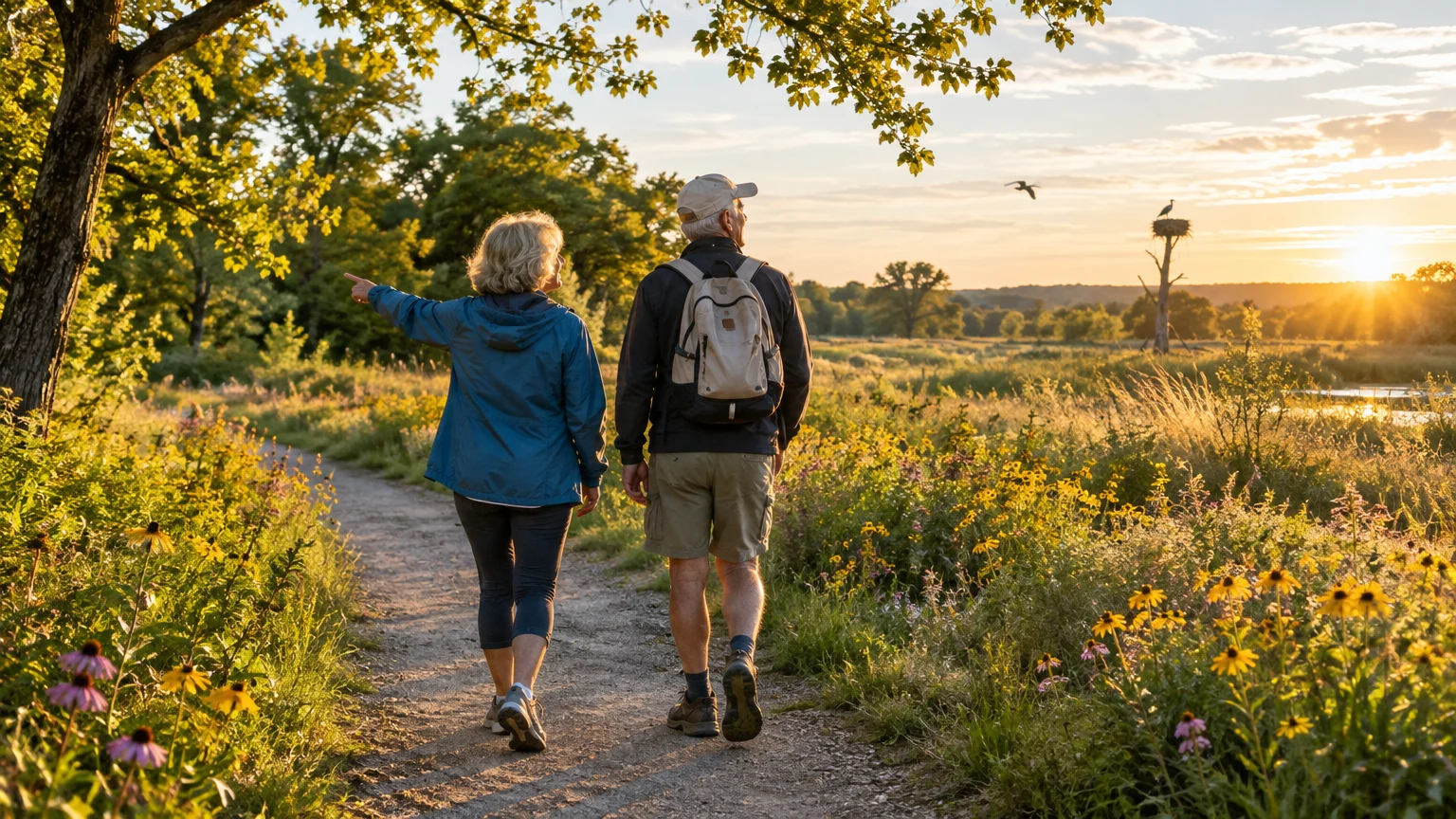 Older couple hiking down a dirt path through a wildflower field toward the setting sun.