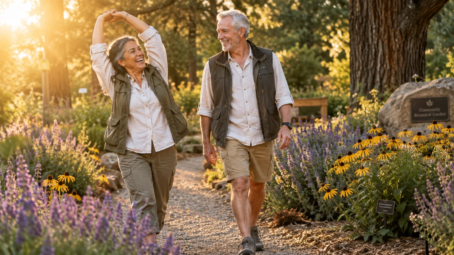Smiling older couple walking down a gravel garden path lined with yellow and purple flowers at sunset.
