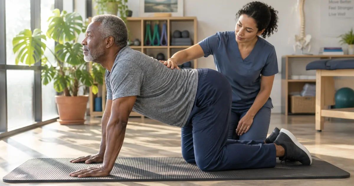 A physical therapist assists an older man doing back stretches on all fours on a mat in a clinic.