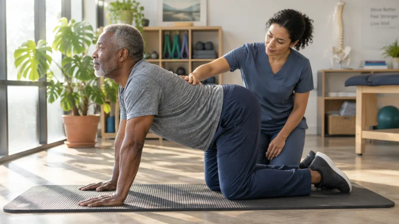 A physical therapist assists an older man doing back stretches on all fours on a mat in a clinic.