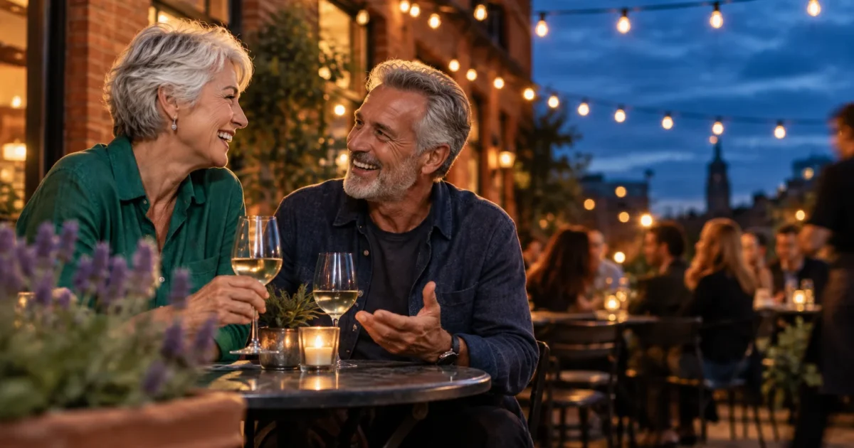 A smiling mature man and woman with wine glasses sit at an outdoor restaurant table beneath string lights at dusk.
