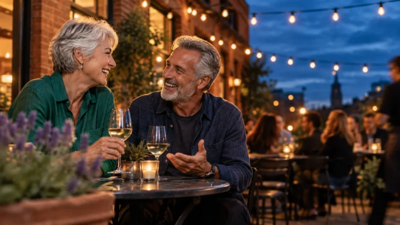 A smiling mature man and woman with wine glasses sit at an outdoor restaurant table beneath string lights at dusk.