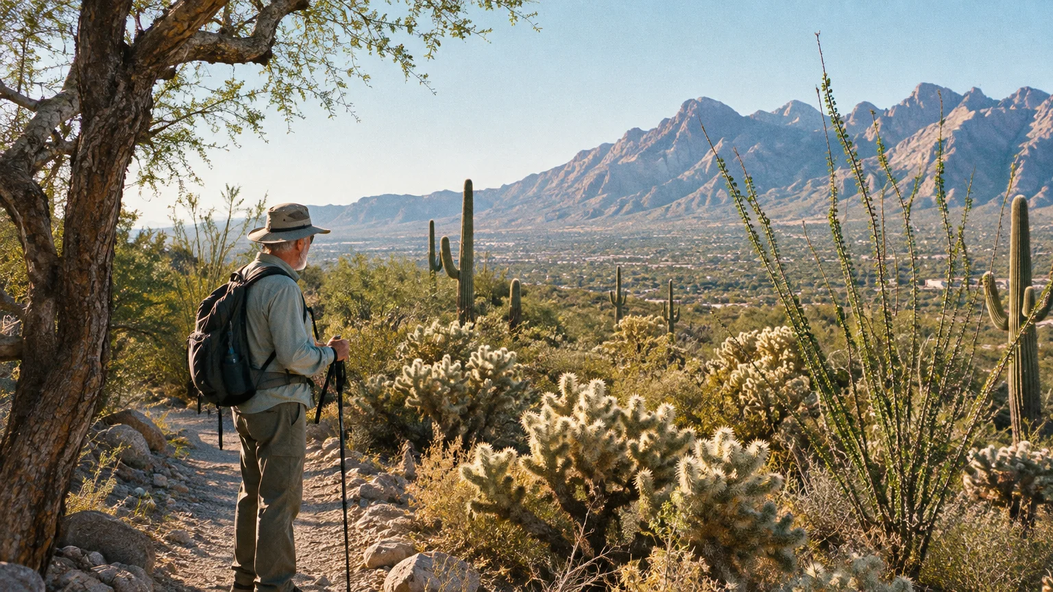 A hiker with a backpack and trekking pole looks out over a desert valley filled with saguaro cacti and distant mountains.