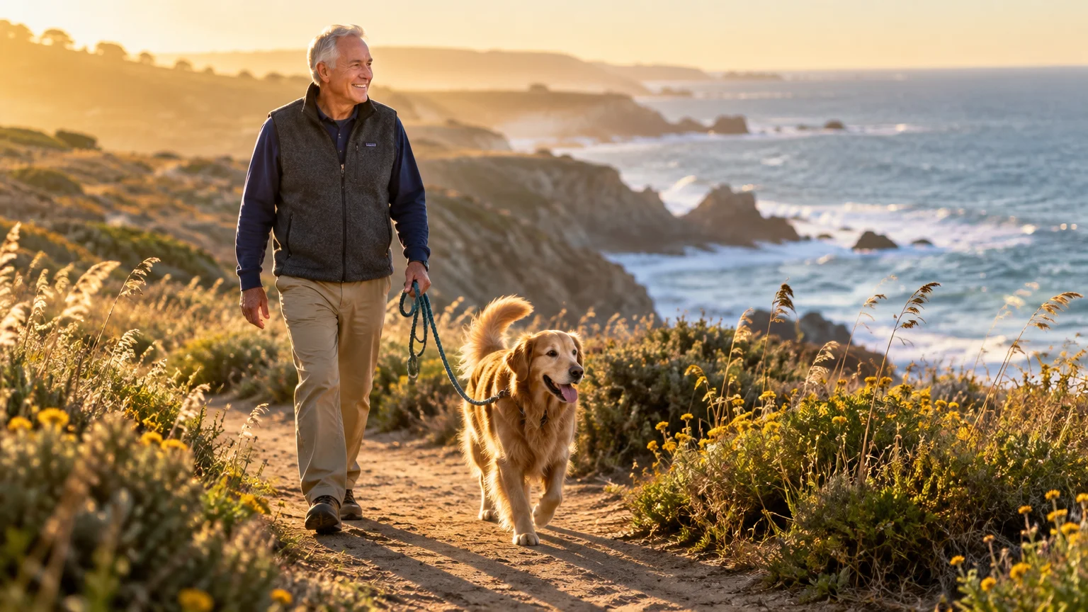Senior man walking a golden retriever on a scenic dirt trail along a coastal cliff during golden hour.