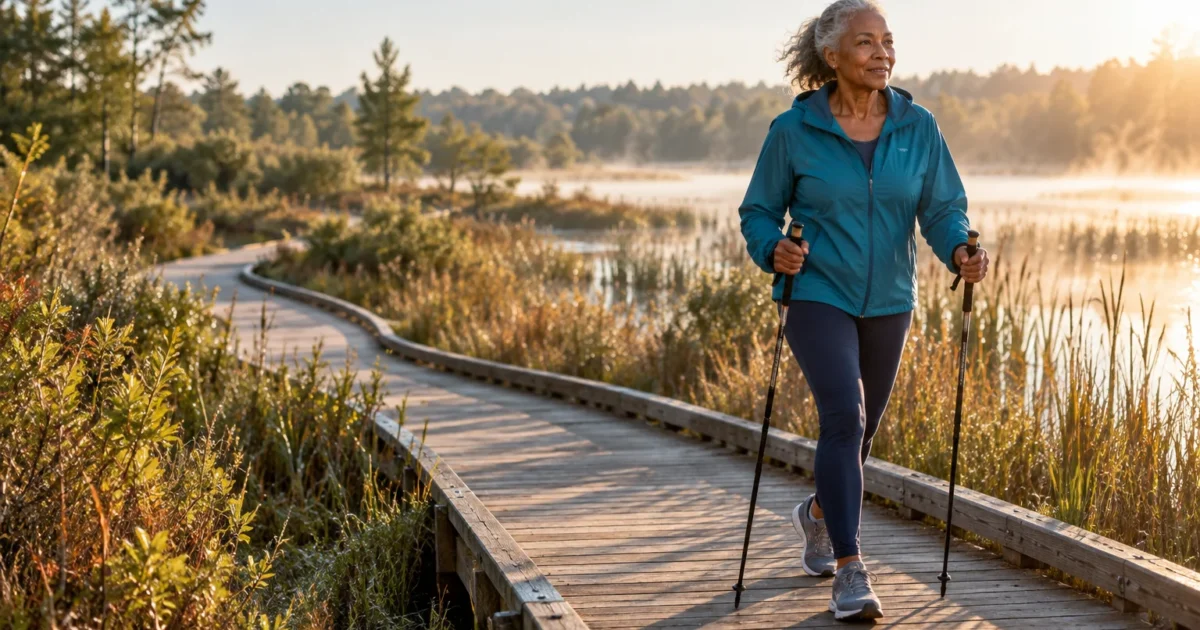 A smiling older woman walks with trekking poles along a wooden boardwalk beside a misty lake at sunrise.