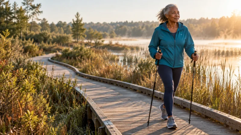 A smiling older woman walks with trekking poles along a wooden boardwalk beside a misty lake at sunrise.