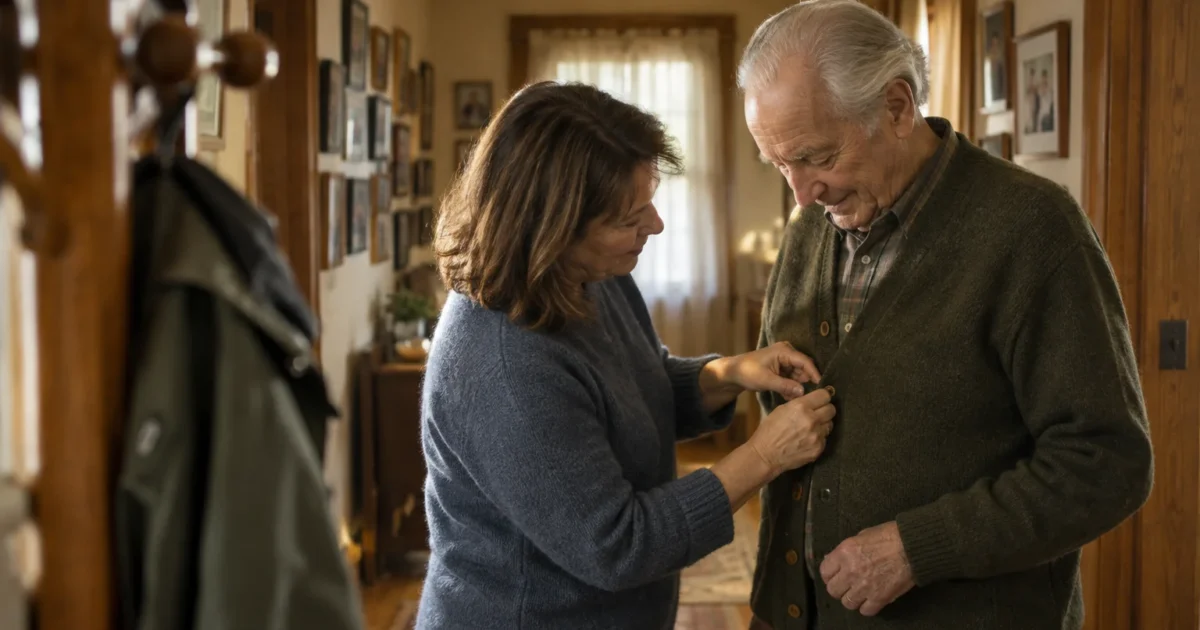 A woman carefully buttons a green cardigan for an elderly man standing in a hallway.