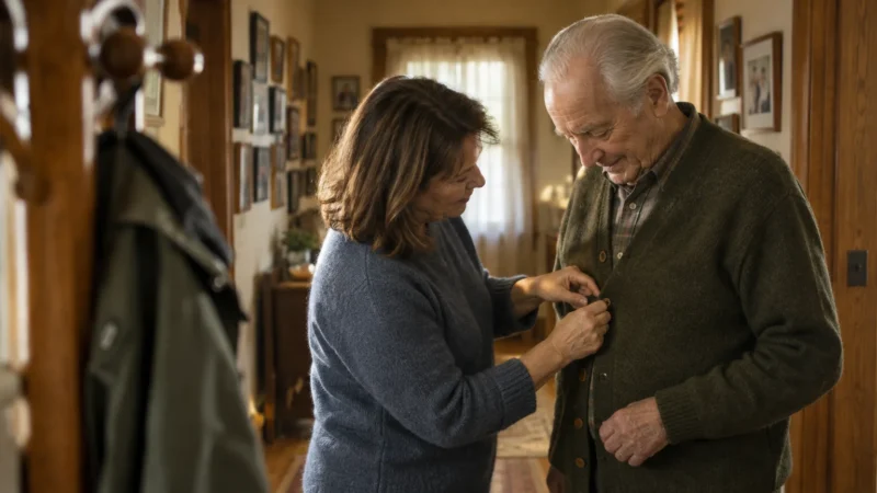 A woman carefully buttons a green cardigan for an elderly man standing in a hallway.