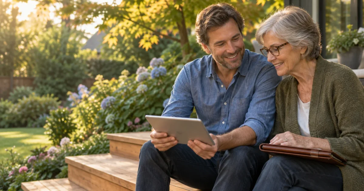 An adult man and an older woman sit outdoors on wooden steps, smiling together while looking at a tablet.