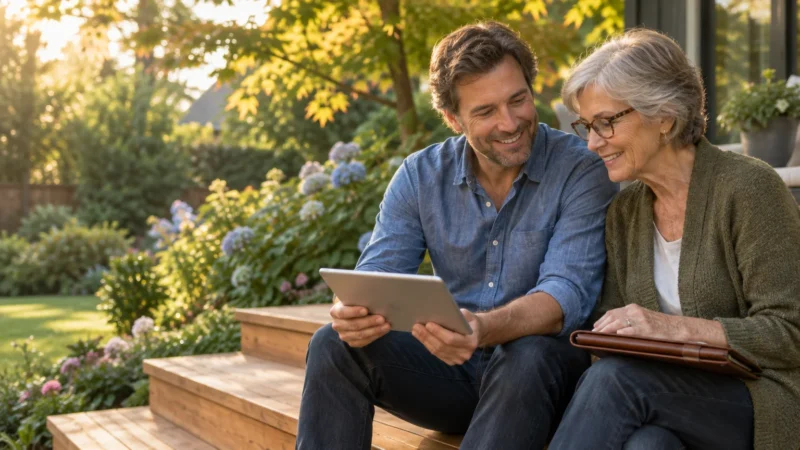 An adult man and an older woman sit outdoors on wooden steps, smiling together while looking at a tablet.