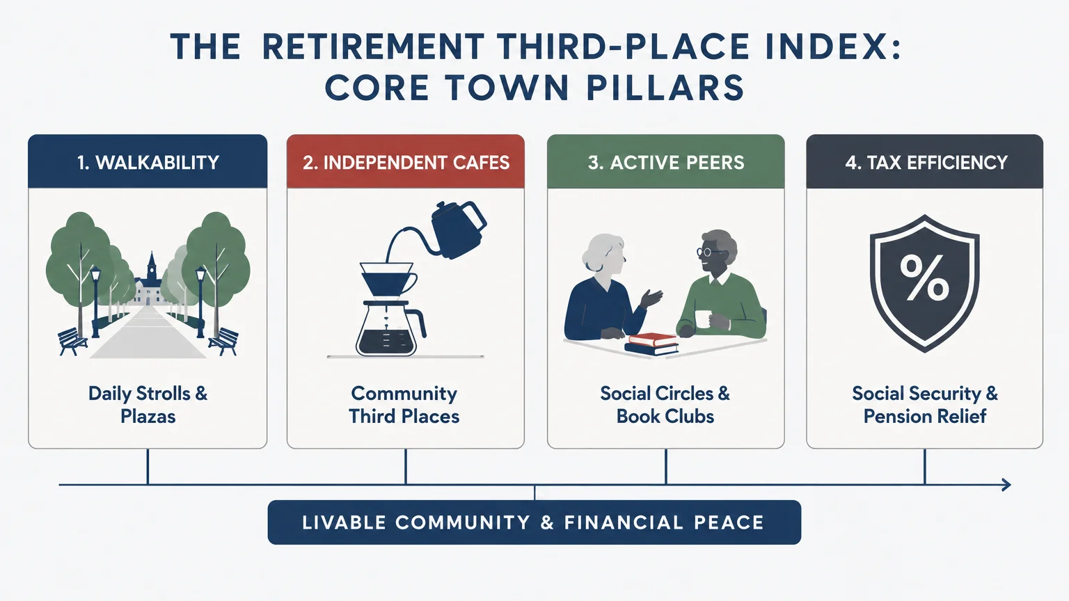 Diagram outlining four core town pillars: walkability, independent cafes, active peers, and tax efficiency.