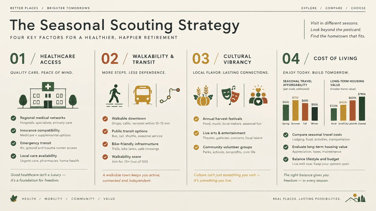 Infographic titled The Seasonal Scouting Strategy detailing healthcare access, walkability, cultural vibrancy, and cost.
