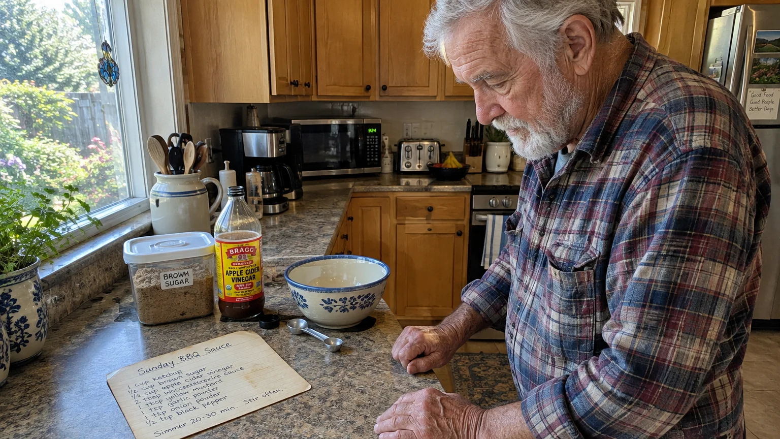 An older man with a gray beard looks down at a handwritten barbecue sauce recipe card on a kitchen counter.