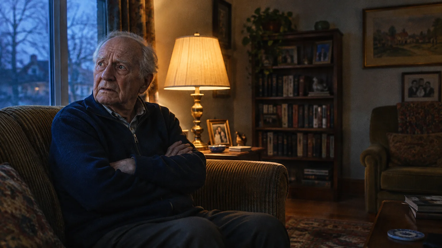 Elderly man sitting in an armchair with arms crossed, looking out a window beside a lit lamp in a living room.