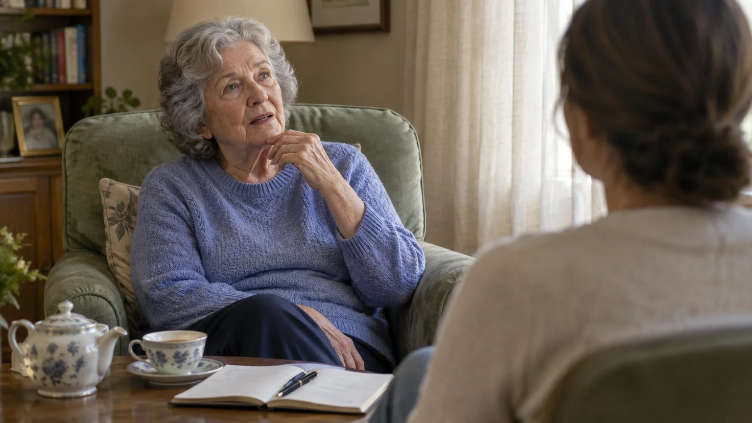 An older woman in a blue sweater sits in an armchair, speaking thoughtfully to a woman sitting across from her.