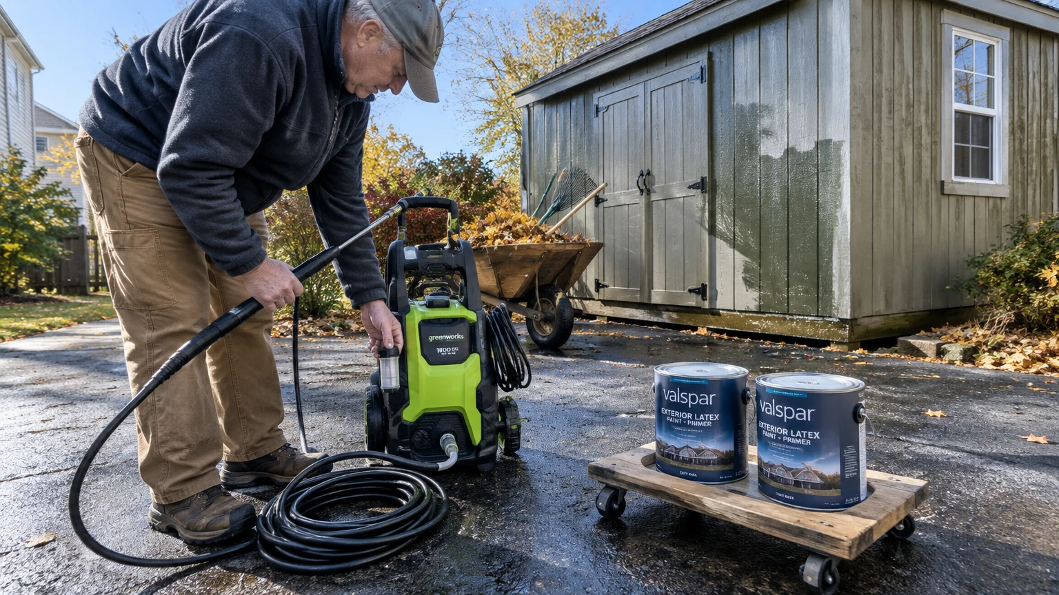 A man adjusting a green electric pressure washer near two cans of exterior paint sitting on a small wooden dolly outside.