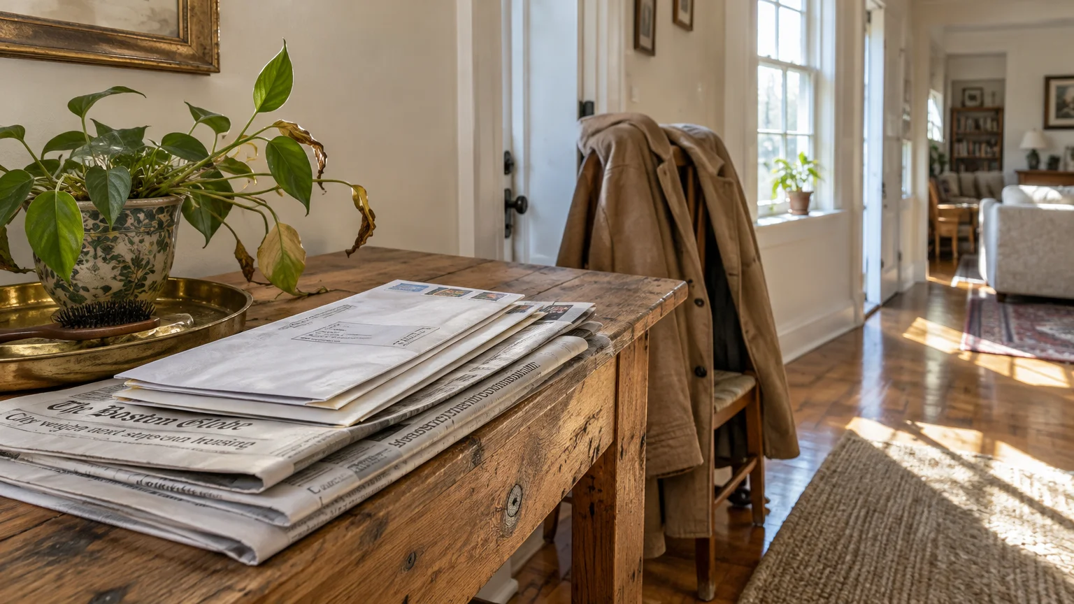Stack of mail envelopes and newspapers on a rustic wooden hallway table beside a potted plant and a coat on a chair.