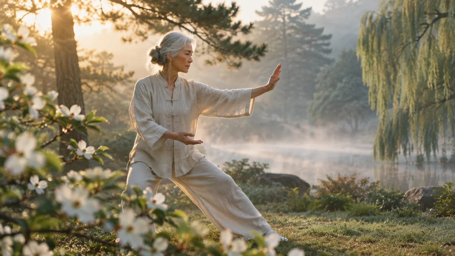 Older woman with gray hair practicing Tai Chi in a misty park beside a pond at sunrise.