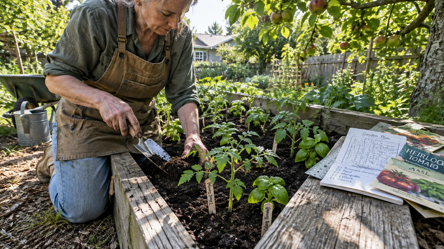 A woman in an apron kneels by a raised garden bed planting seedlings beside a sketched garden plan and seed packets.