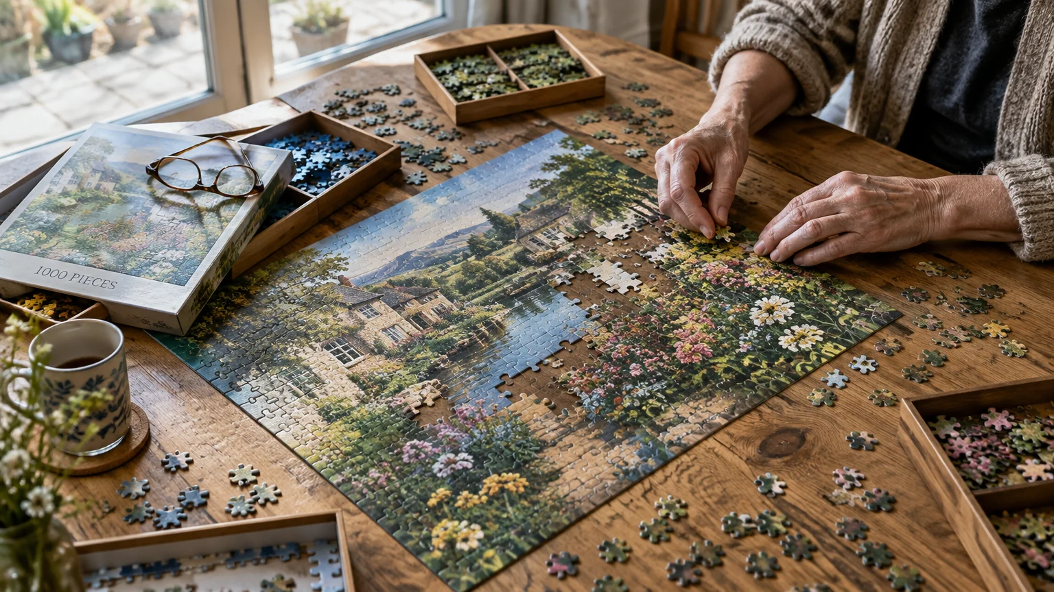 Hands placing a piece into an intricate landscape jigsaw puzzle laid out on a wooden table with sorting trays.