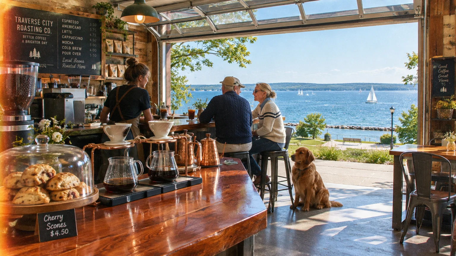 A couple sits at an open-air coffee shop counter with a dog, looking out at a sunny bay with sailboats.