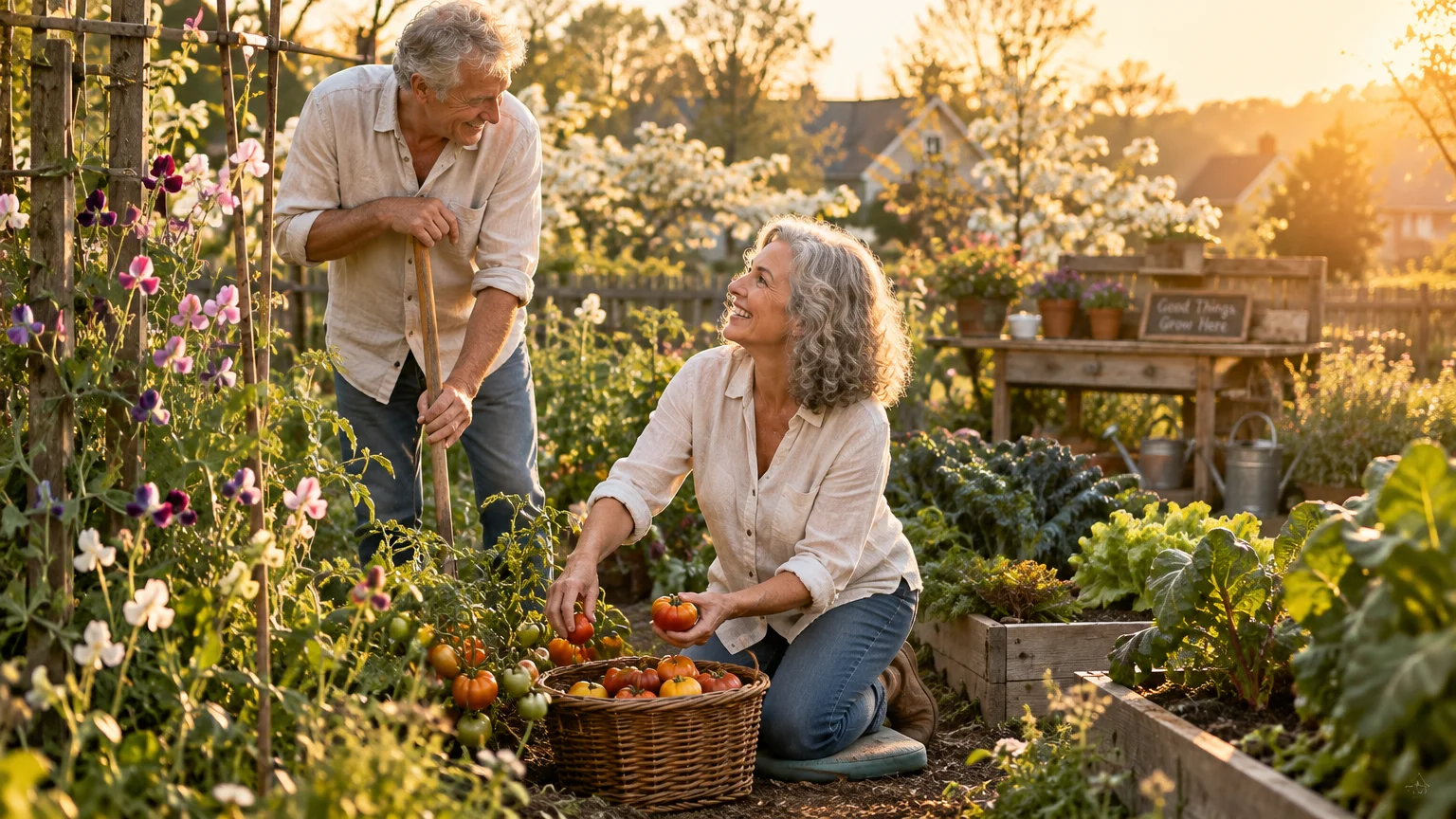 Smiling older couple harvesting ripe tomatoes together into a basket in a sunlit vegetable garden.