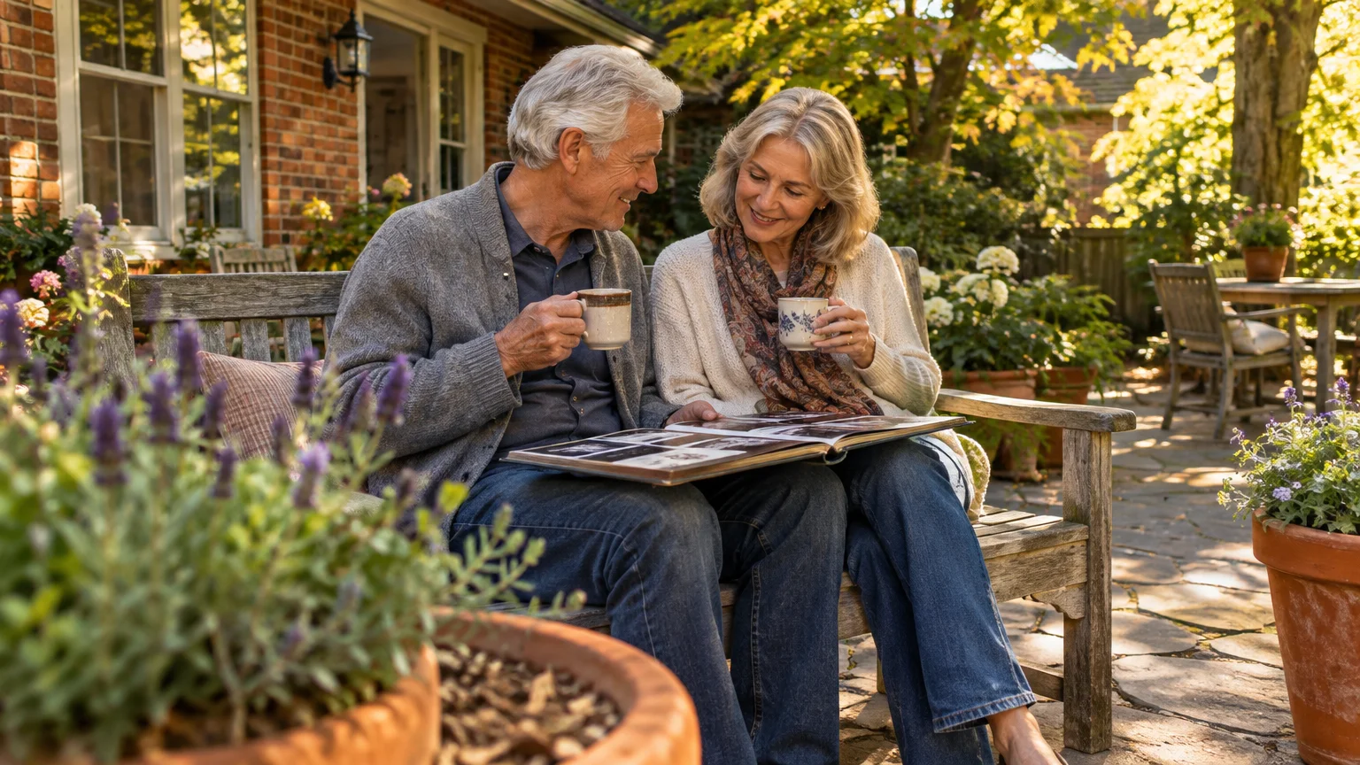 An older couple sitting together on a garden bench with coffee mugs, looking through a photo album.
