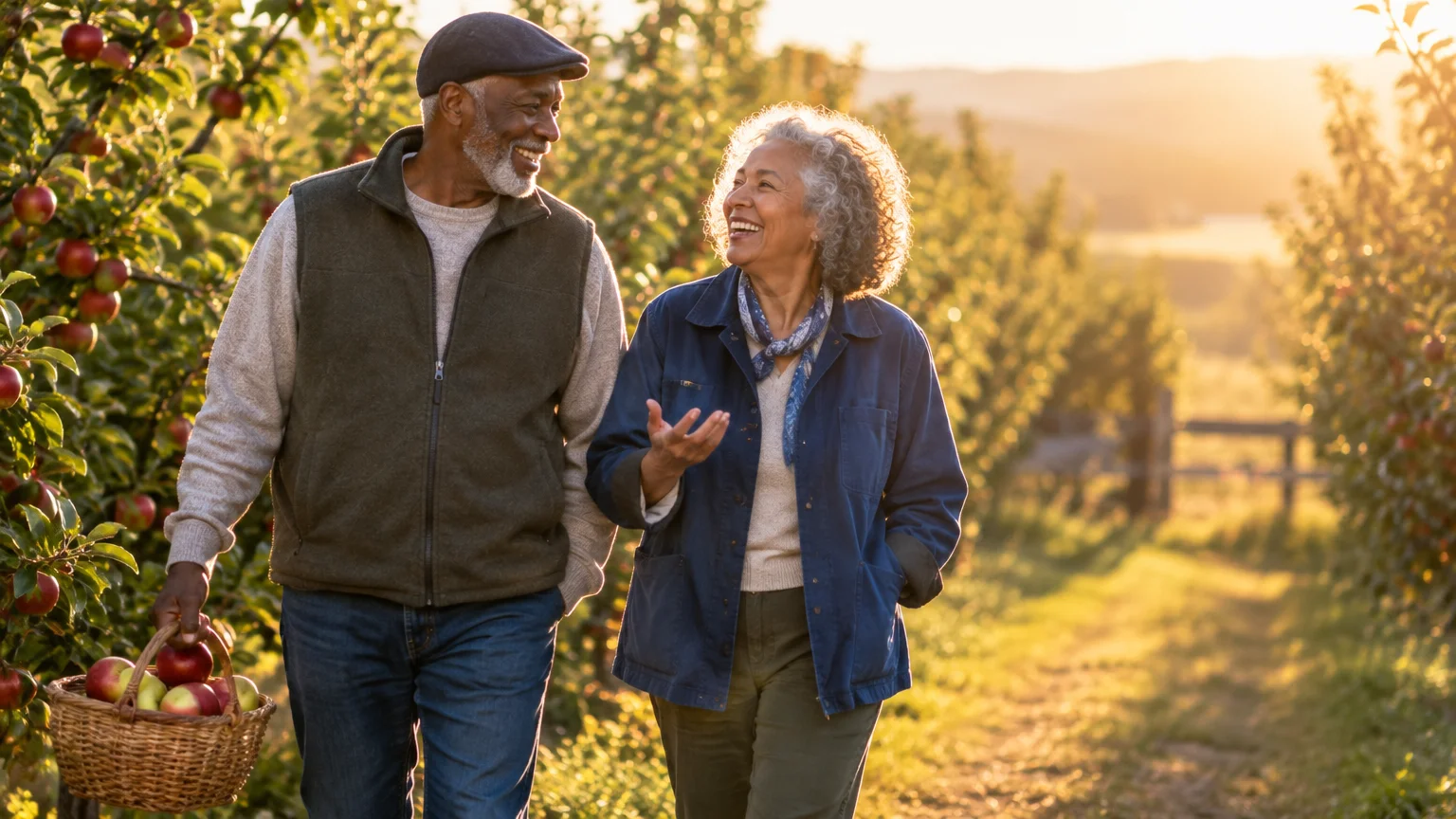 A senior Black couple walks and laughs together through a sunlit apple orchard, with the man carrying a basket of fruit.