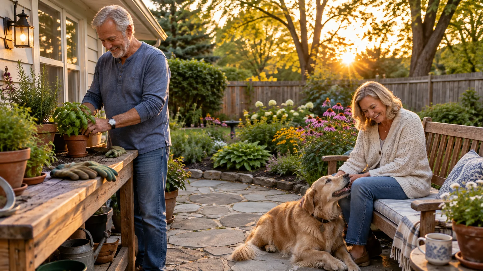 Senior couple in a sunny backyard patio; a man pots plants at a workbench while a woman pets their golden retriever on a bench.