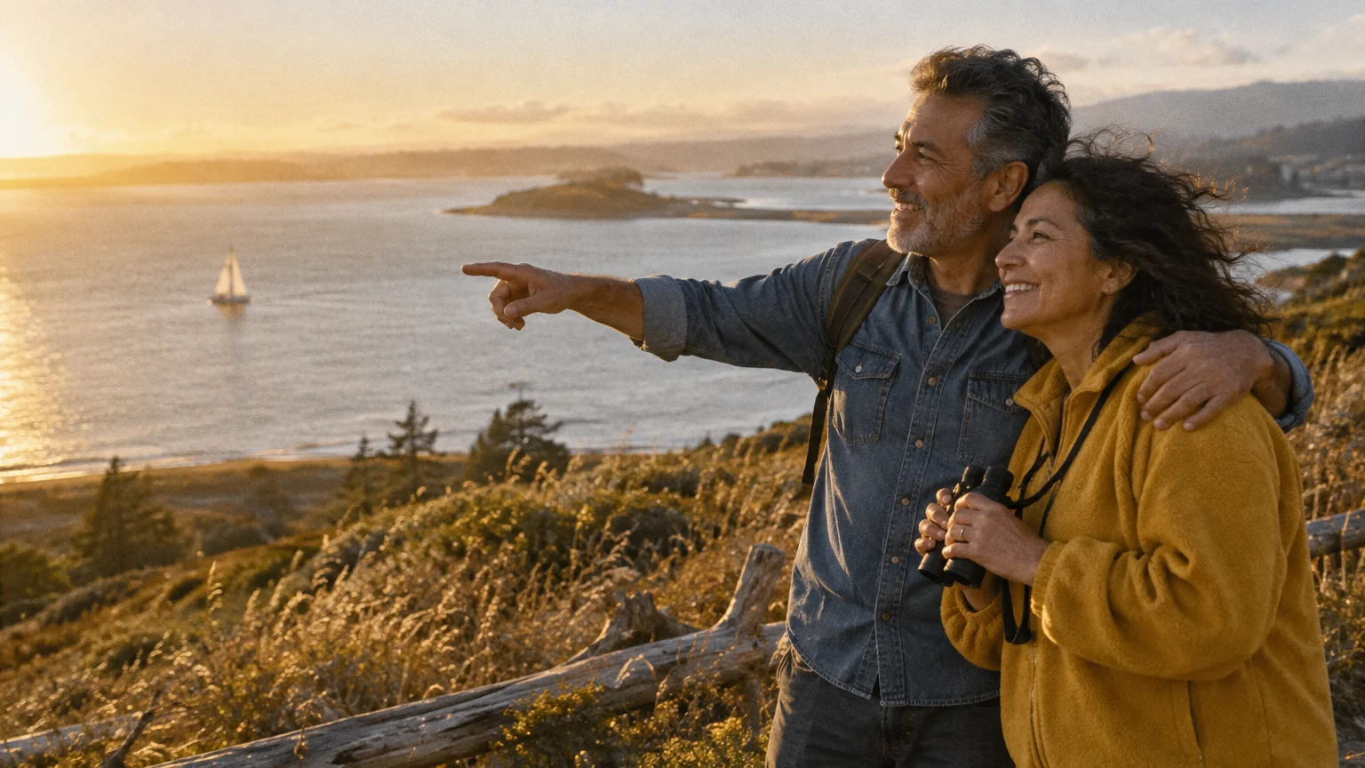 A smiling older couple stands on a coastal hillside at sunset, pointing toward a sailboat on the water.