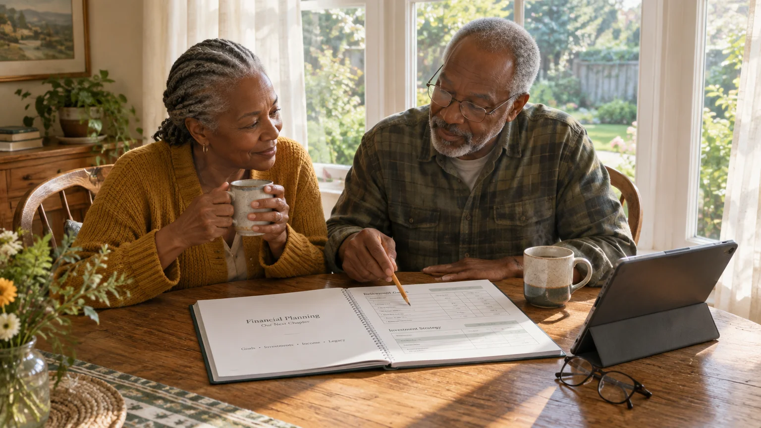 Senior couple sitting at a wooden table reviewing a financial planning book beside a tablet and coffee mugs.