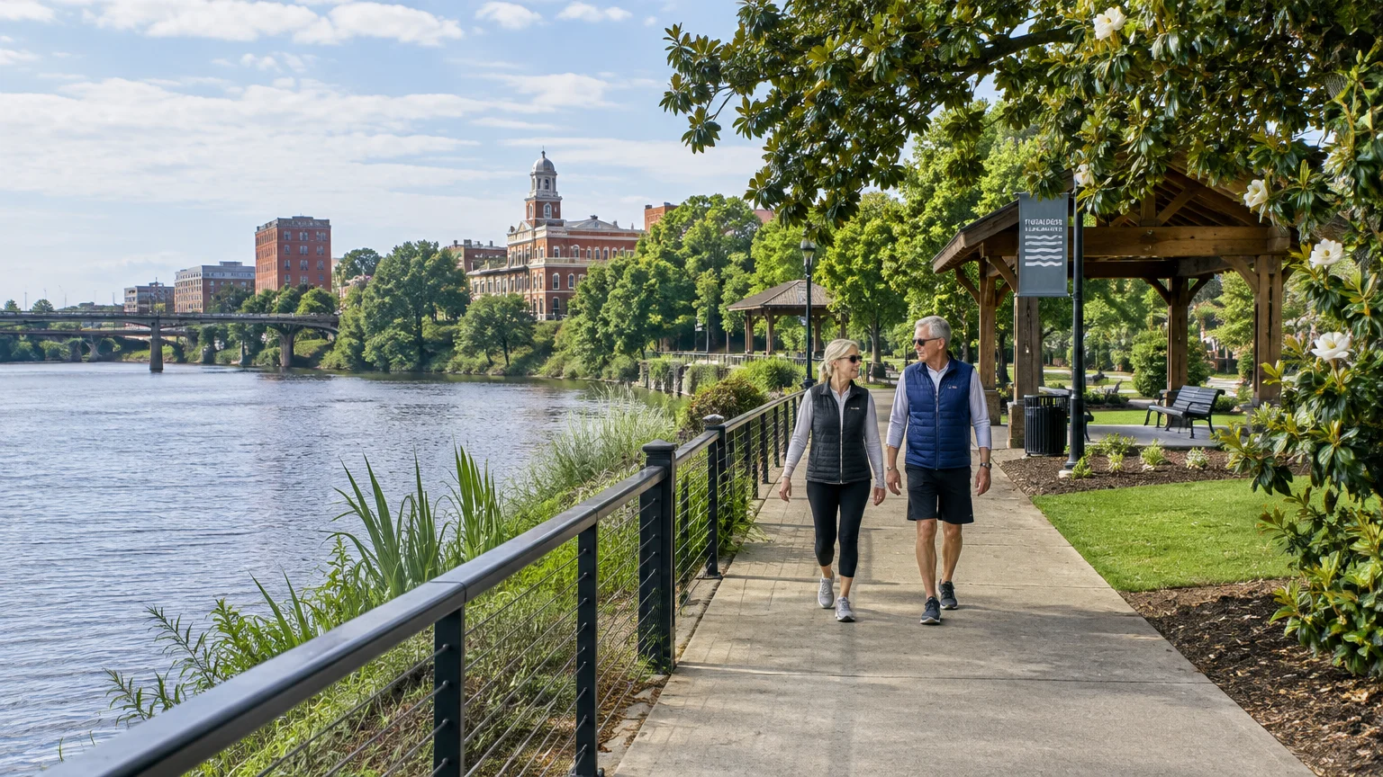 A mature couple walks along a paved riverside trail beside a river overlooking distant bridges and brick buildings.