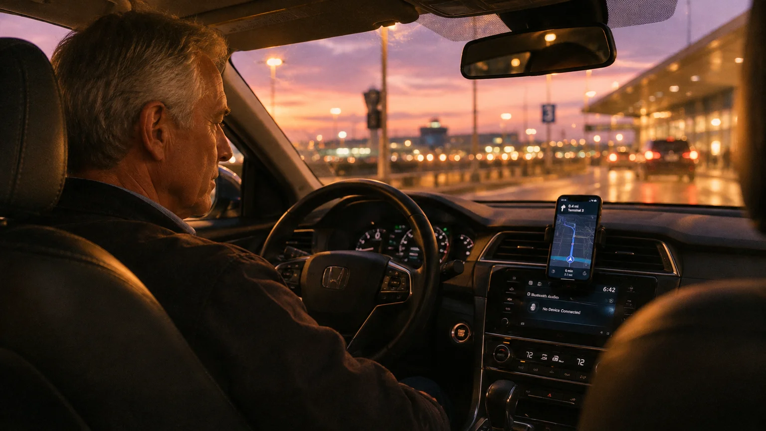 Senior man driving a car at dusk with a smartphone navigation screen mounted on the dashboard near an airport terminal.