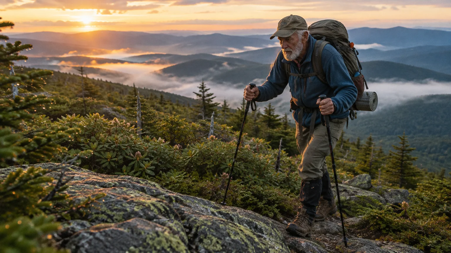 Older man with a large backpack and trekking poles hikes up a rocky mountain path at sunrise over misty valleys.