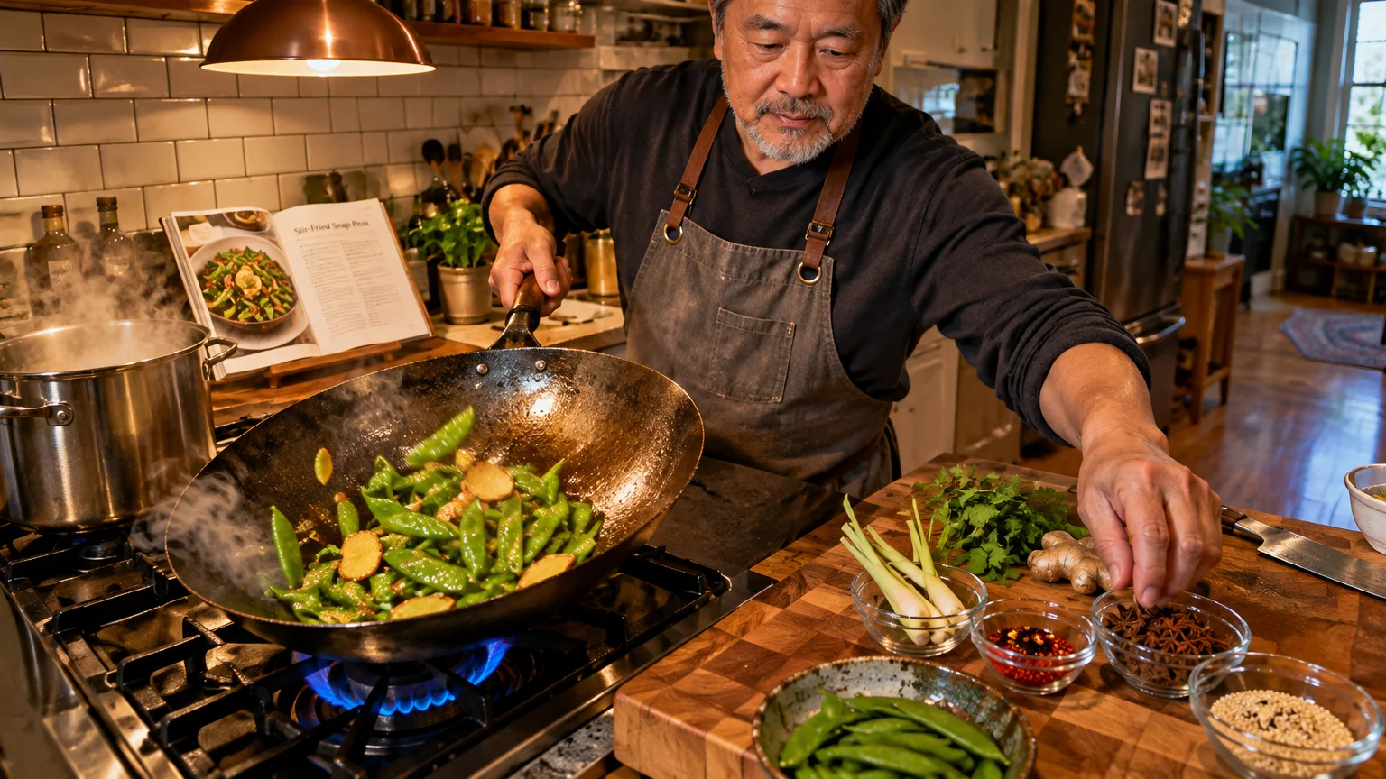 A man in an apron tosses snap peas in a wok over a gas flame beside bowls of fresh spices and herbs.