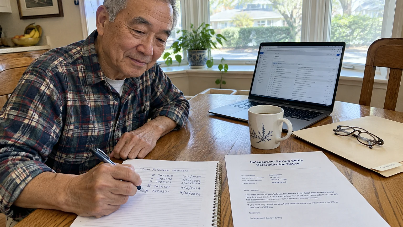 A senior man writing claim reference numbers in a notebook beside a laptop and an Independent Review Entity determination notice.