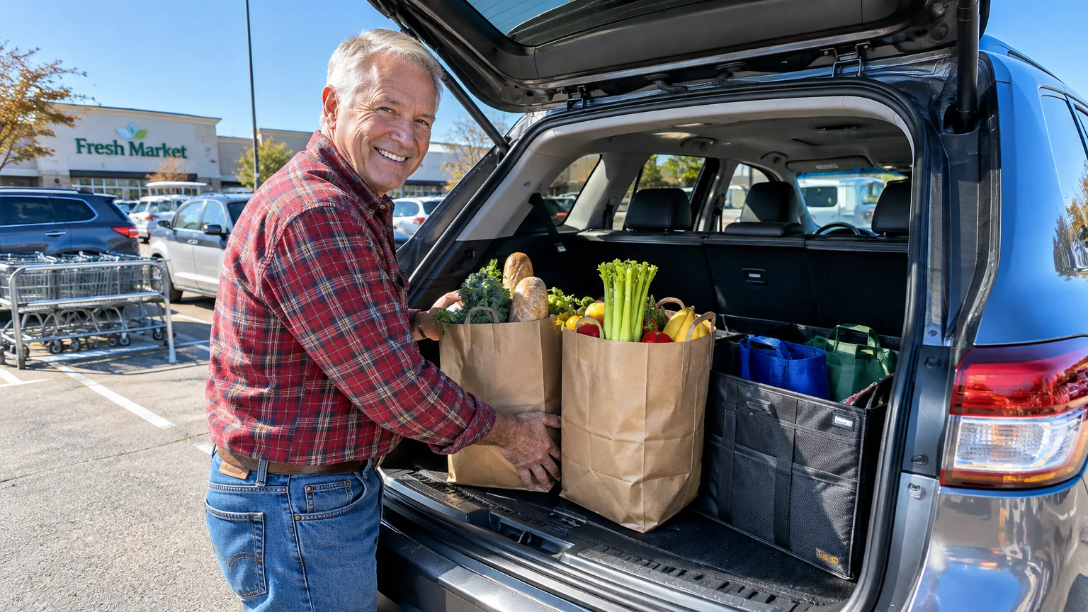A smiling older man in a plaid shirt loading paper grocery bags into the open trunk of an SUV in a parking lot.