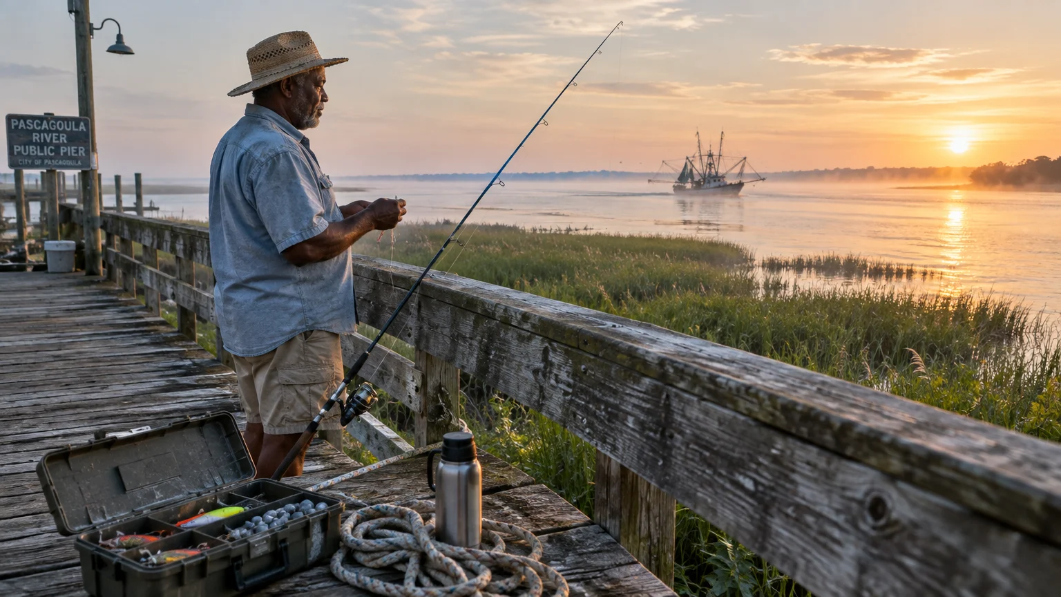 A man in a straw hat fishes from a wooden pier at sunrise as a shrimp boat moves across the water.