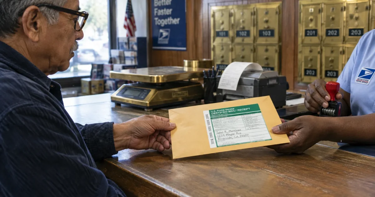 A man hands a yellow certified mail envelope to a postal worker across a post office counter.