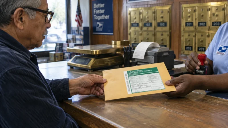 A man hands a yellow certified mail envelope to a postal worker across a post office counter.